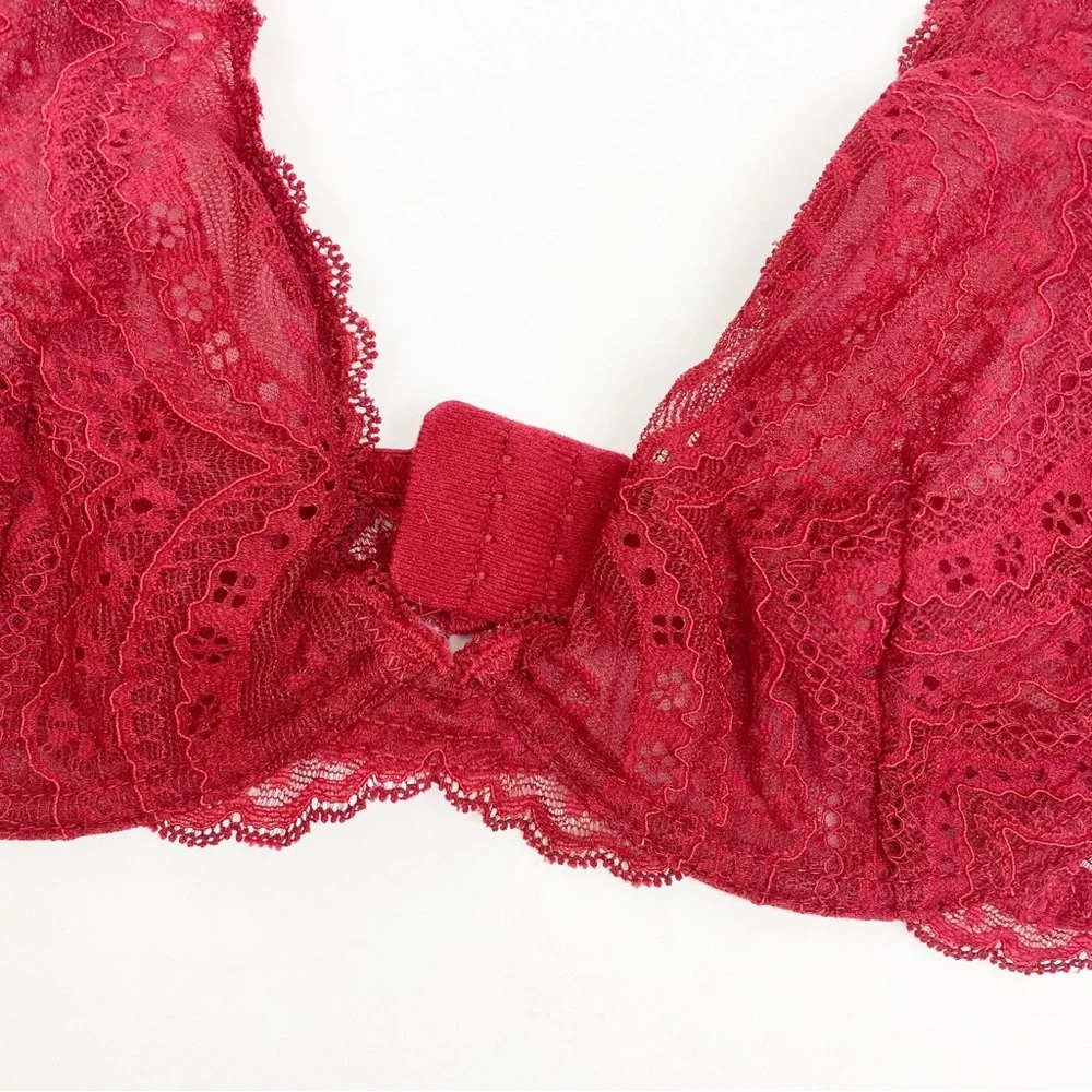Intimately Free People Deep V Plunge Lace Underwire Bra: Crimson Red Burgundy